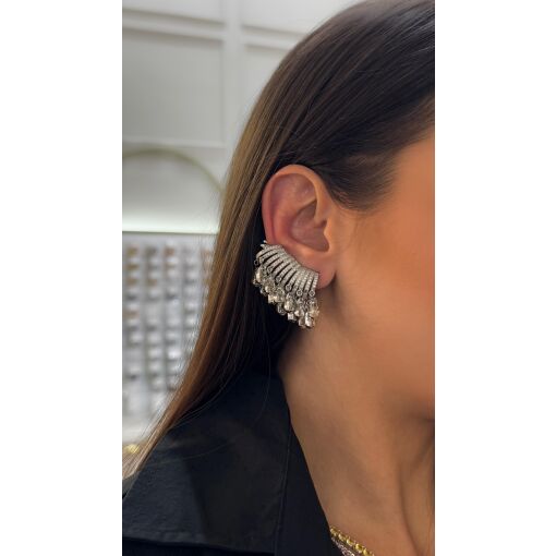 Brinco Ear Cuff Luxo Cascata Cravejado com Zircônias Pino em Prata 925