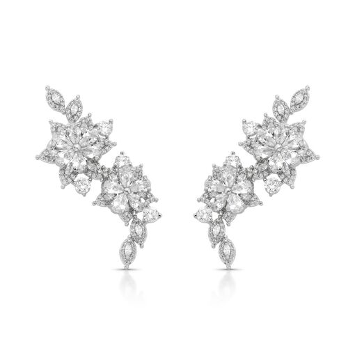 Brinco Ear Cuff Luxo Ramo de Flores Pino em Prata 925