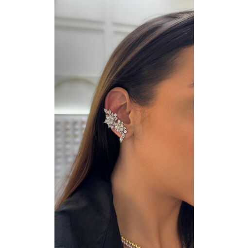 Brinco Ear Cuff Luxo Ramo de Flores Pino em Prata 925