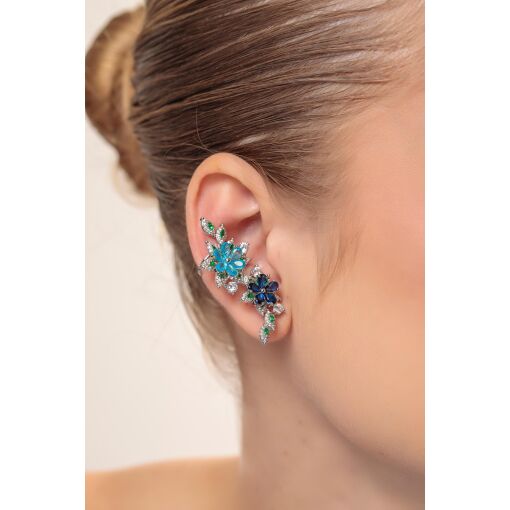 Brinco Ear Cuff Luxo Ramo de Flores Pino em Prata 925