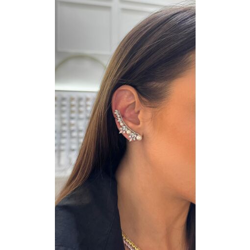 Brinco Ear Cuff Ramo de Pérolas Shell Cravejado com Zircônias Pino em Prata 925