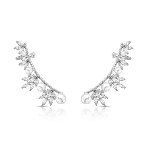 Brinco Ear Cuff Ramo de Pérolas Shell Cravejado com Zircônias Pino em Prata 925