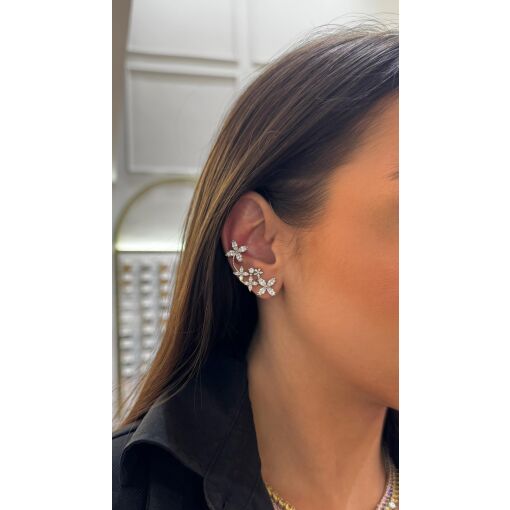 Brinco Ear Cuff Primavera Cravejado com Zircônias Navete Pino em Prata 925