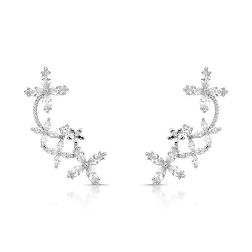 Brinco Ear Cuff Primavera Cravejado com Zircônias Navete Pino em Prata 925