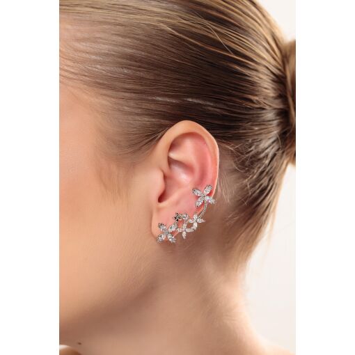 Brinco Ear Cuff Primavera Cravejado com Zircônias Navete Pino em Prata 925