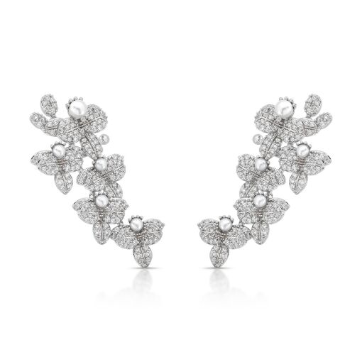 Brinco Ear Cuff Ramo de Orquídeas Cravejado com Zircônias e Pérola Shell Pino em Prata 925