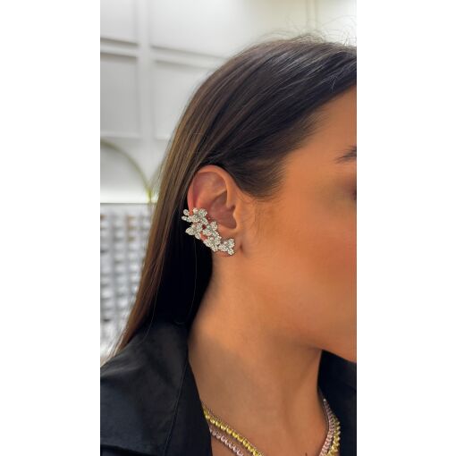 Brinco Ear Cuff Ramo de Orquídeas Cravejado com Zircônias e Pérola Shell Pino em Prata 925