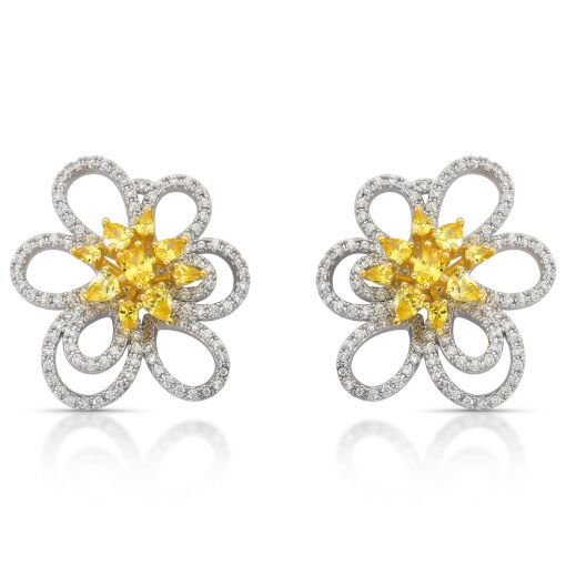 Brinco Luxo Flor Vazada Cravejada com Zircônias Pino em Prata 925