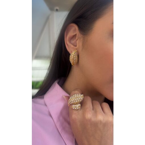 Anel Leaf Cravejado com Pérolas Shell