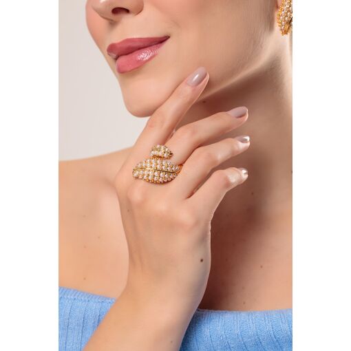Anel Leaf Cravejado com Pérolas Shell