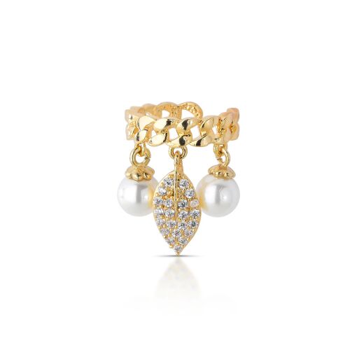 Piercing Fake Pêndulo Folha Cravejada com Zircônias e Pérola Shell