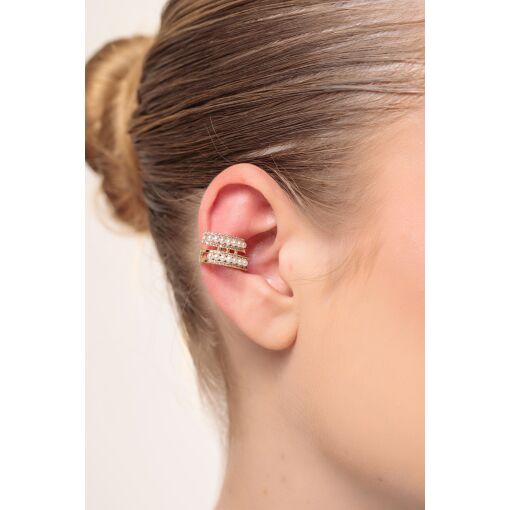 Piercing Fake Geométrico Duas Pontas Cravejadas com Zircônias e Pérola Shell