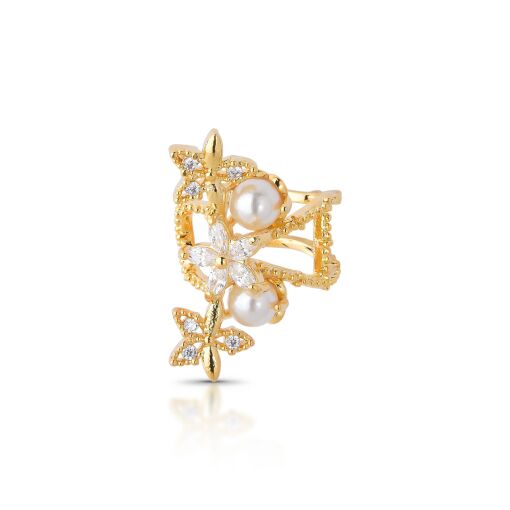 Piercing Fake Flowers Detalhadas com Cravação em Zircônias e Pérola Shell