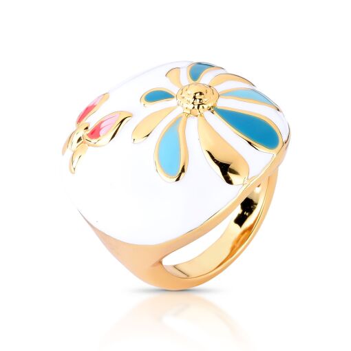 Anel Esmaltado White Primavera com Borboleta