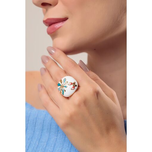 Anel Esmaltado White Primavera com Borboleta