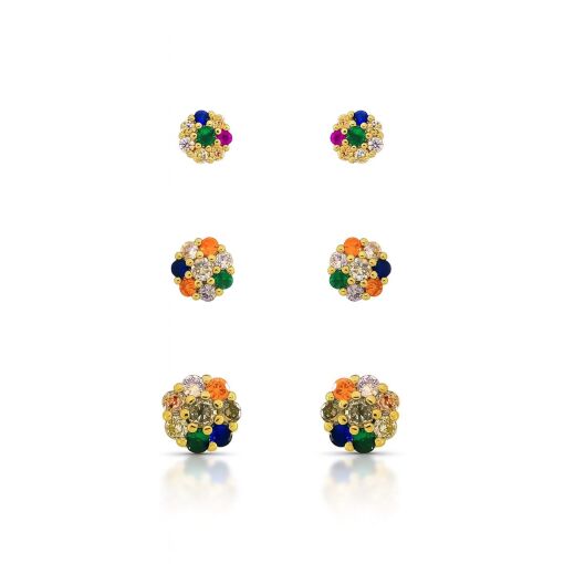 Trio Florzinhas Cravejadas com Zircônias Coloridas Pino em Prata 925