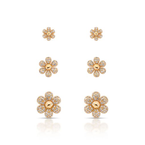 Brinco Trio Petit Flower Cravejado com Zircônias Pino em Prata 925