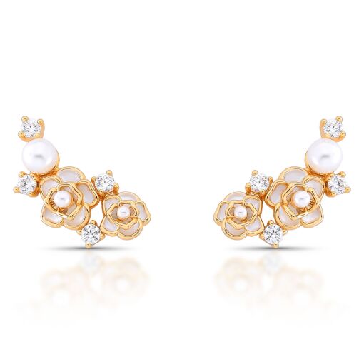 Brinco Ear Cuff Delicado Flores Esmaltadas White com Cravação em Zircônias e Pérola Shell Pino em Pr