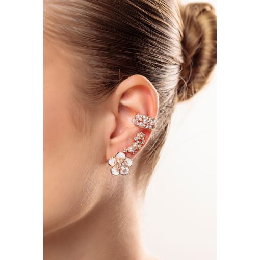Brinco Ear Cuff Delicado Flores Esmaltadas White com Cravação em Zircônias e Pérola Shell Pino em Pr