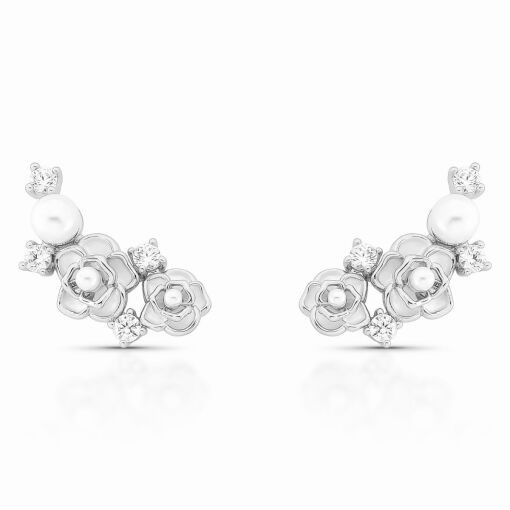 Brinco Ear Cuff Delicado Flores Esmaltadas White com Cravação em Zircônias e Pérola Shell Pino em Pr