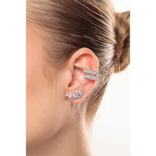 Brinco Ear Cuff Delicado Flores Esmaltadas White com Cravação em Zircônias e Pérola Shell Pino em Pr