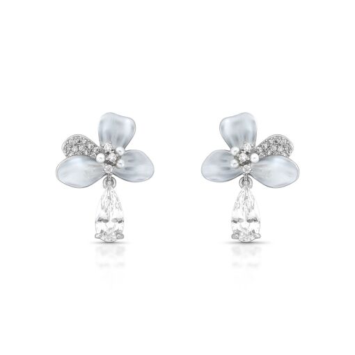 Brinco Pêndulo Orquídea Esmaltada em Cinza Acetinado Cravejado com Zircônias Pino em Prata 925