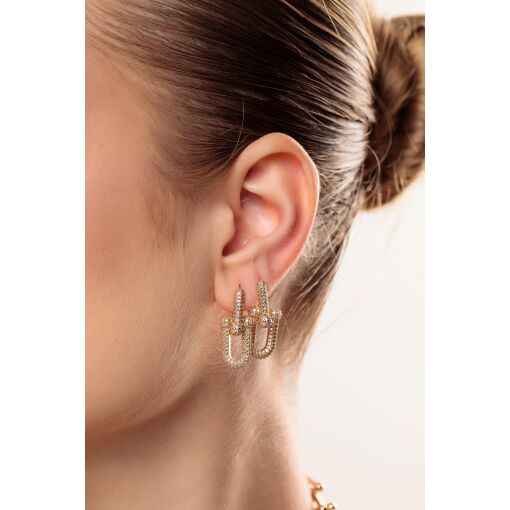 Brinco Argola Click Duo Elos Cravejados com Zircônias