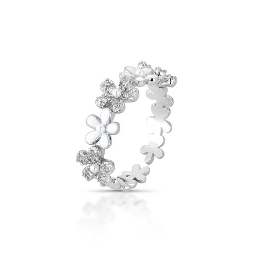 Anel Daisies Esmaltado White Cravejado com Zircônias e Mini Pérolas Shell - AJUSTÁVEL
