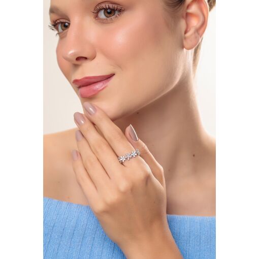 Anel Daisies Esmaltado White Cravejado com Zircônias e Mini Pérolas Shell - AJUSTÁVEL