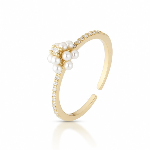 Anel Coroa de Mini Pérolas Shell Cravejado com Zircônias - AJUSTÁVEL