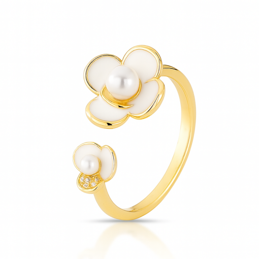Anel Daisy com Esmaltação White com Pérola Shell - AJUSTÁVEL