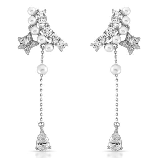 Brinco Pêndulo Starry Night com Cravação em Zircônias e Pérolas Shell Pino em Prata 925