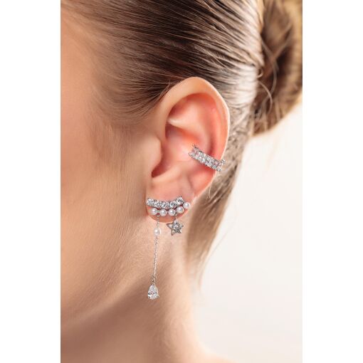 Brinco Pêndulo Starry Night com Cravação em Zircônias e Pérolas Shell Pino em Prata 925