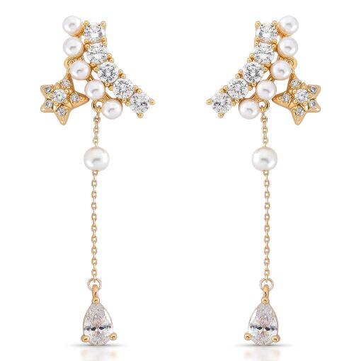 Brinco Pêndulo Starry Night com Cravação em Zircônias e Pérolas Shell Pino em Prata 925