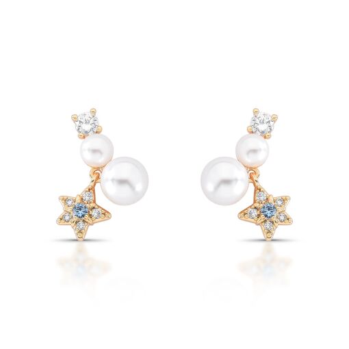 Brinco Ear Cuff Stellar com Pérolas Shell e Pêndulo Cravejado com Zircônias Pino em Prata 925