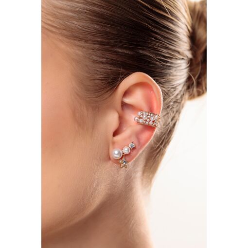 Brinco Ear Cuff Stellar com Pérolas Shell e Pêndulo Cravejado com Zircônias Pino em Prata 925