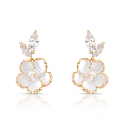 Brinco Pêndulo Flor Cinco Pétalas Esmaltada White Pino em Prata 925