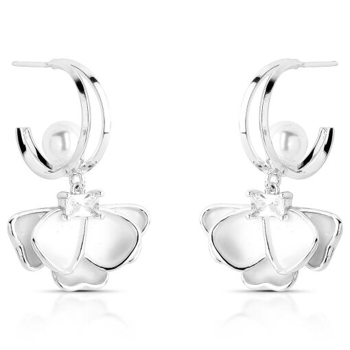 Brinco Argola Pêndulo Meia Flor Esmaltada White Pino em Prata 925