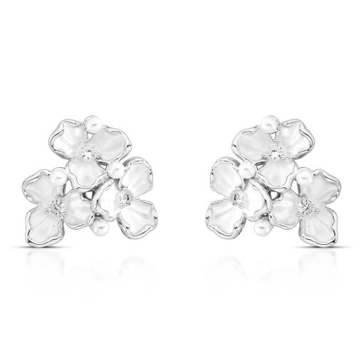 Brinco Três Flores Esmaltadas White Pino em Prata 925