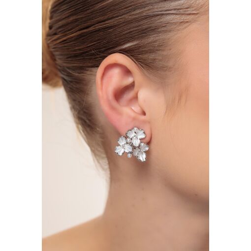 Brinco Três Flores Esmaltadas White Pino em Prata 925