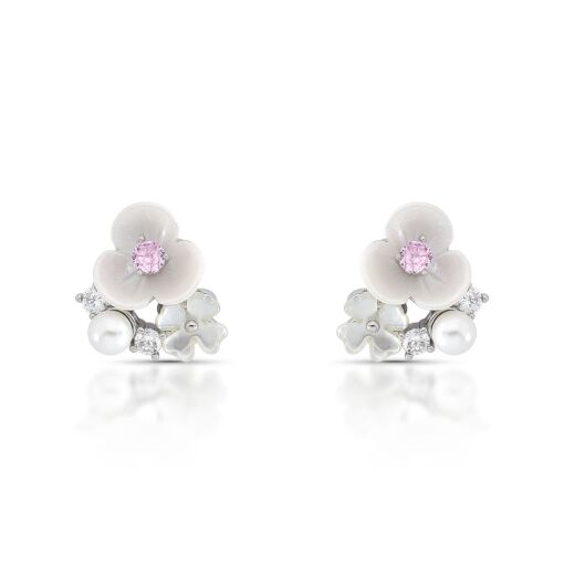 Brinco Duas Flores em Acetato com Glitter Pino em Prata 925
