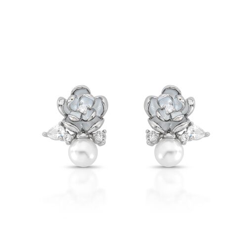 Brinco Mini Flor Esmaltado White com Pérola Shell e Zircônias