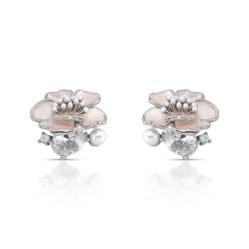 Brinco Flower Esmaltado em Rosa Salmão com Mini Pérolas Shell