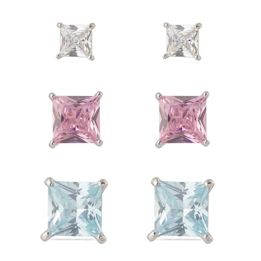 Brinco Trio Stone Square Candy Color - Pino em Prata 925