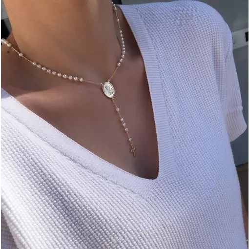 COLAR RELIGIOSO TERÇO PEROLAS NS AUXILIADORA SOLAR