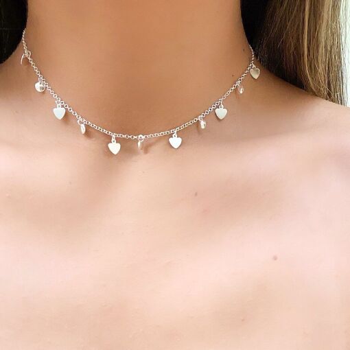 Choker de Prata Coração Estamparia Pendurado