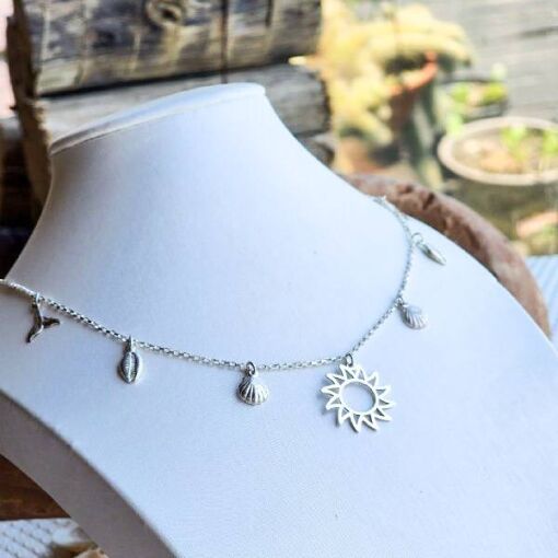 Choker de Prata Sol Vazado, Concha, Búzios e Rabo de Sereia