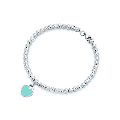 Pulseira de Prata Bola 5mm e Coração Resinado