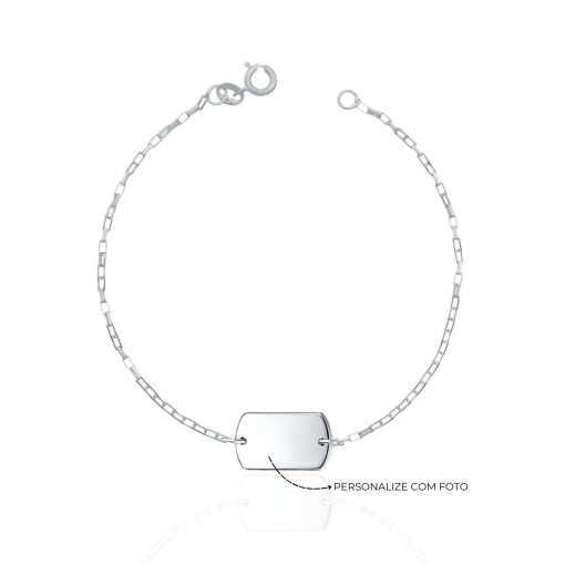 Pulseira Placa Retângular Arredondado Personalizável Foto Prata