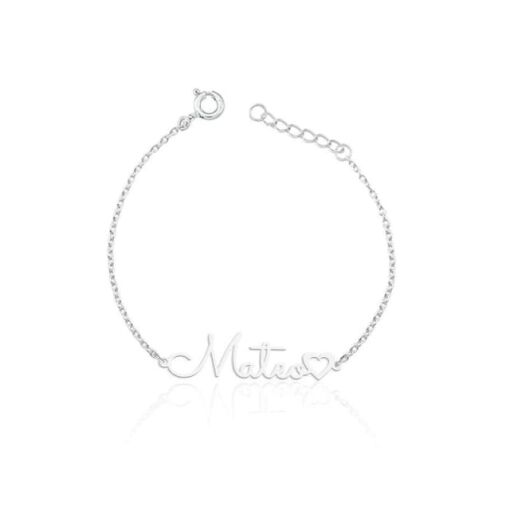 Pulseira de Prata Infantil com Nome e Coração Vazado Personalizá